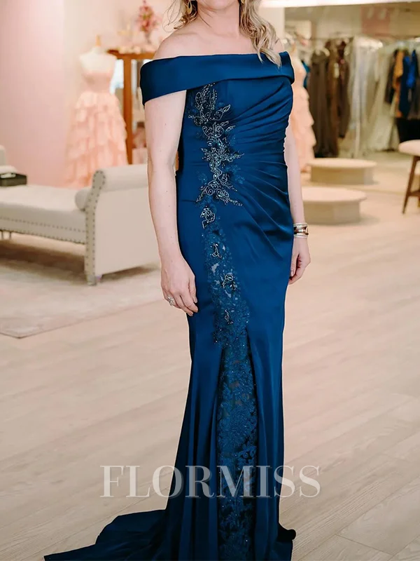 Sheath Off-the-Shoulder Appliques Lace Court Train Silk Like Satin Mother of the Bride Dress