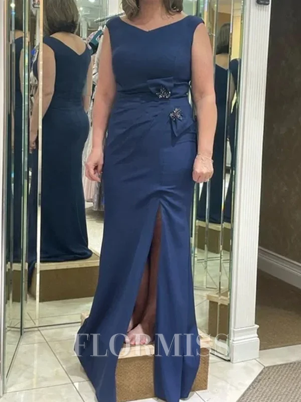 Sheath V-neck Pleated Floor-Length Silk Like Satin Mother of the Bride Dress