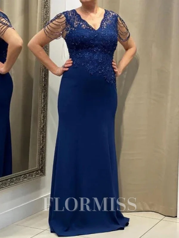 Sheath V-neck Appliques Lace Sweep Train Satin Chiffon Mother of the Bride Dress