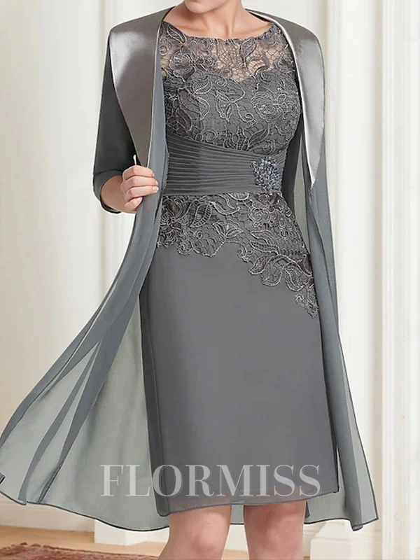 Sheath Bateau 1/2 Sleeves Appliques Lace Short/Mini Chiffon Mother of the Bride Dress