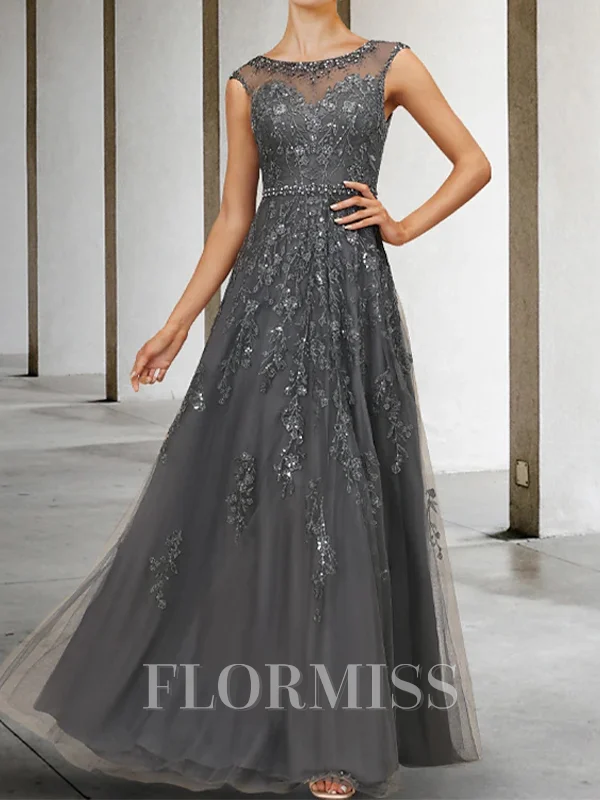 A-line Scoop Appliques Lace Floor-Length Tulle Mother of the Bride Dress