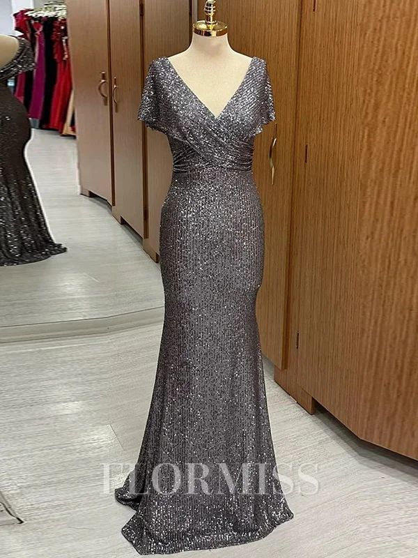 Sheath V-neck Short Sleeves Pleated Floor-Length Mother of the Bride Dress