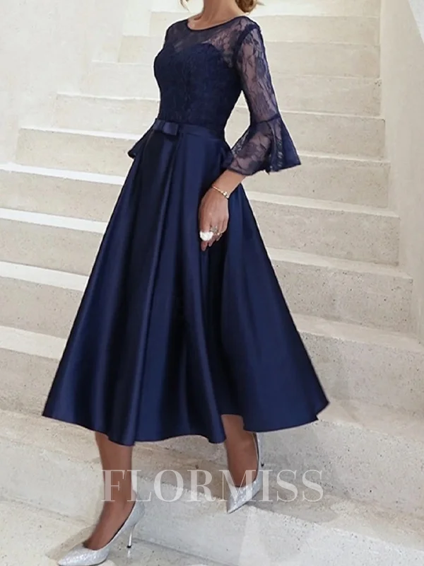 A-line Scoop 3/4 Sleeves Appliques Lace Tea-Length Satin Mother of the Bride Dress