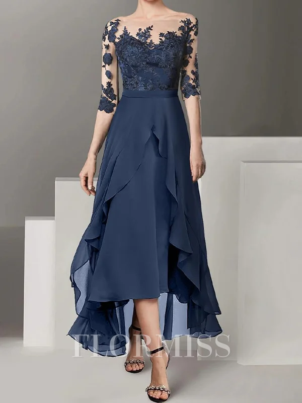 A-line Scoop 3/4 Sleeves Appliques Lace Asymmetrical Chiffon Mother of the Bride Dress