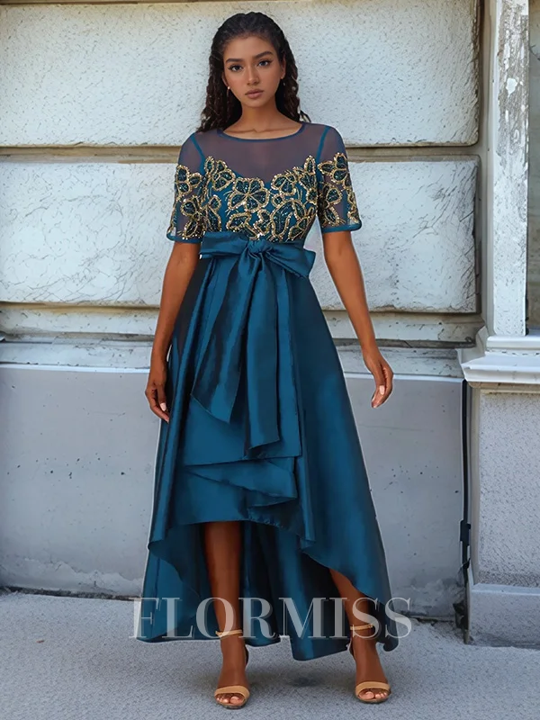 A-line/Princess Satin Scoop Short Sleeves Asymmetrical Mother of the Bride Dress