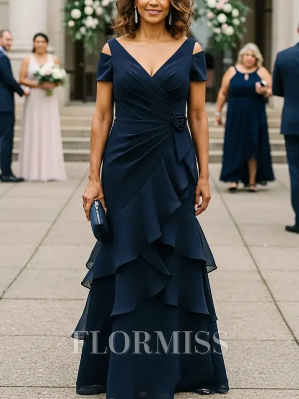 Sheath Cold Shoulder Cascading Ruffles Floor-Length Chiffon Mother of the Bride Dress