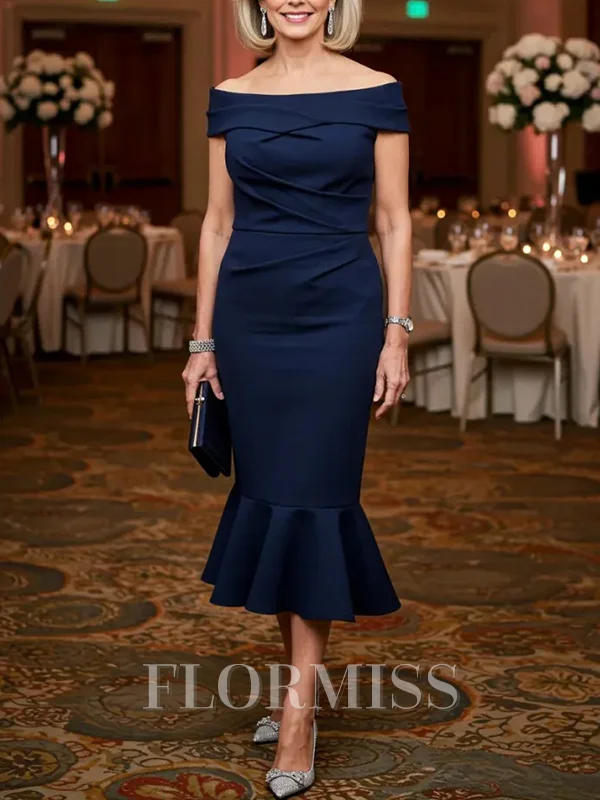 Sheath Off-the-Shoulder Pleated Tea-Length Stretch Crepe Mother of the Bride Dress