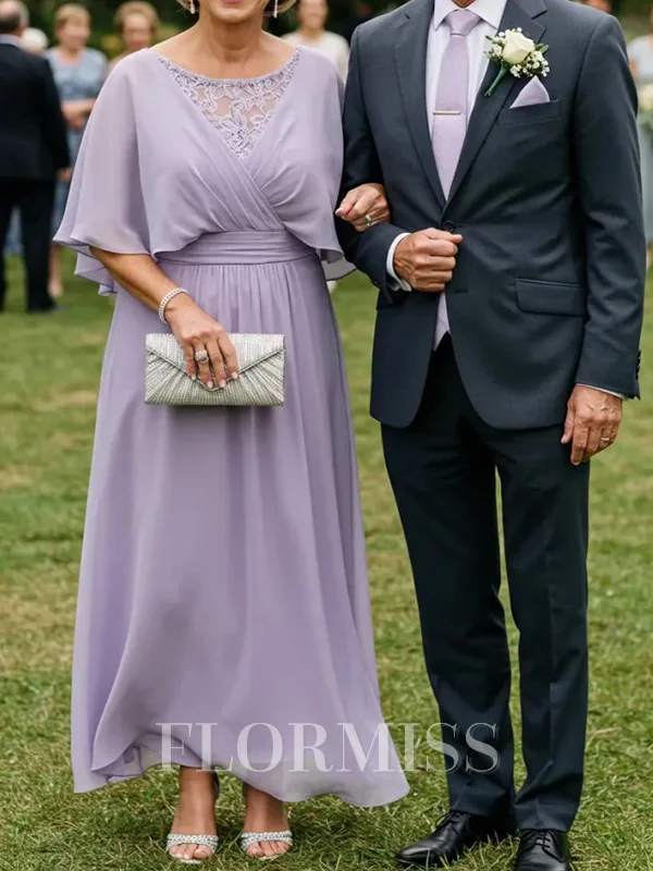 A-line Scoop 1/2 Sleeves Appliques Lace Ankle-Length Chiffon Mother of the Bride Dress