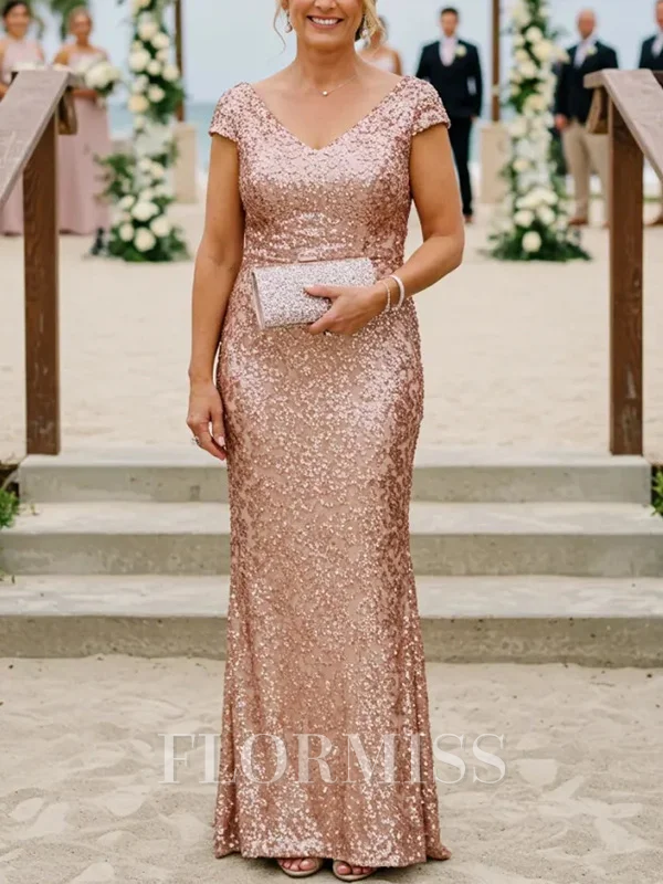 Sheath V-neck Short Sleeves Floor-Length Mother of the Bride Dress