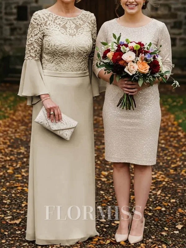 Sheath Scoop Long Sleeves Appliques Lace Floor-Length Chiffon Mother of the Bride Dress