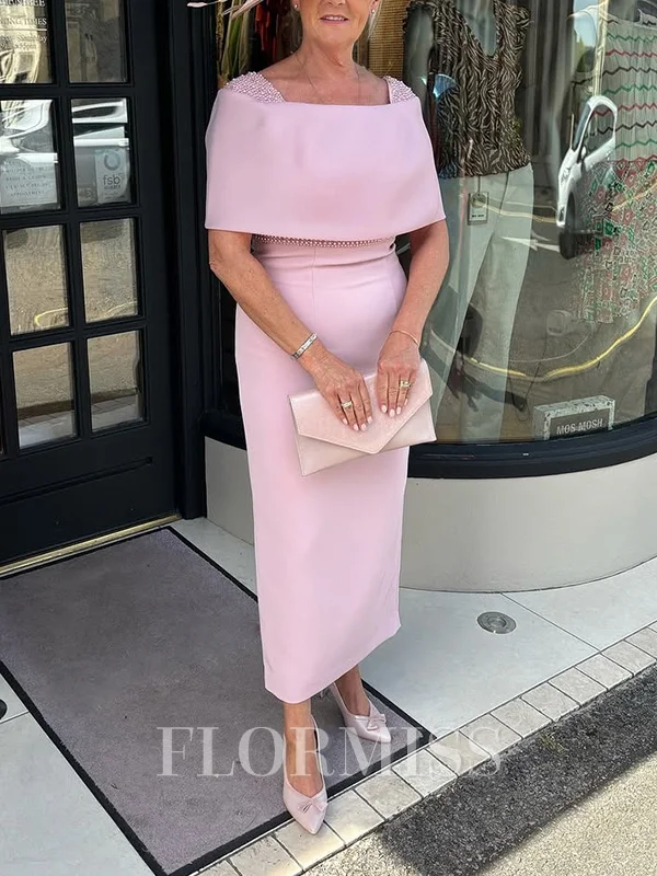Sheath Square Short Sleeves Beading Tea-Length Stretch Crepe Mother of the Bride Dress
