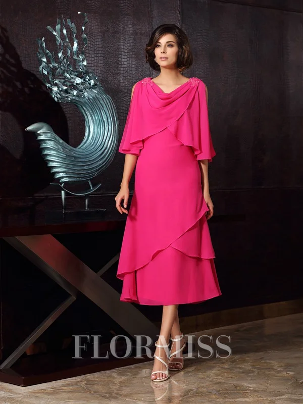 A-Line/Princess Scoop Tea-Length Chiffon Mother of the Bride Dresses