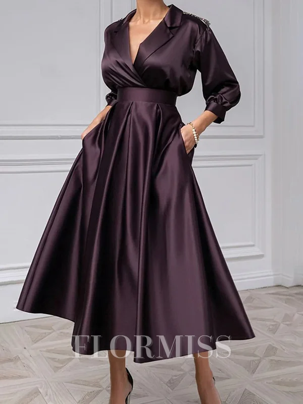 A-line V-neck 3/4 Sleeves Beading Tea-Length Silk Like Satin Mother of the Bride Dress