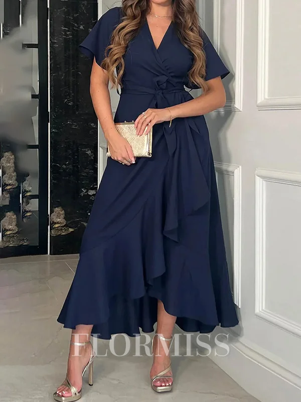A-line V-neck Short Sleeves Ruffles Asymmetrical Stretch Crepe Mother of the Bride Dress