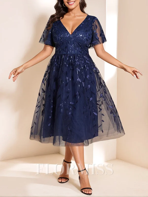 A-line V-neck Short Sleeves Tea-Length Lace Mother of the Bride Dress