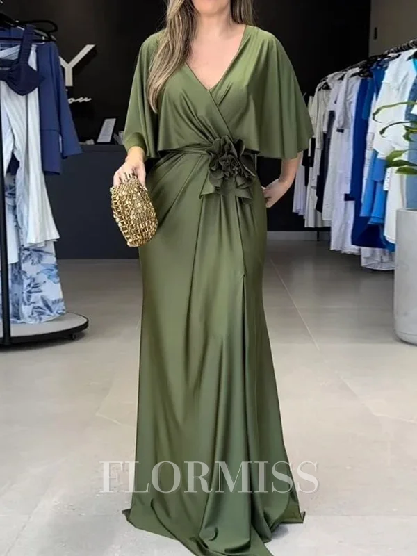 Sheath V-neck 1/2 Sleeves Pleated Sweep Train Silk Like Satin Mother of the Bride Dress