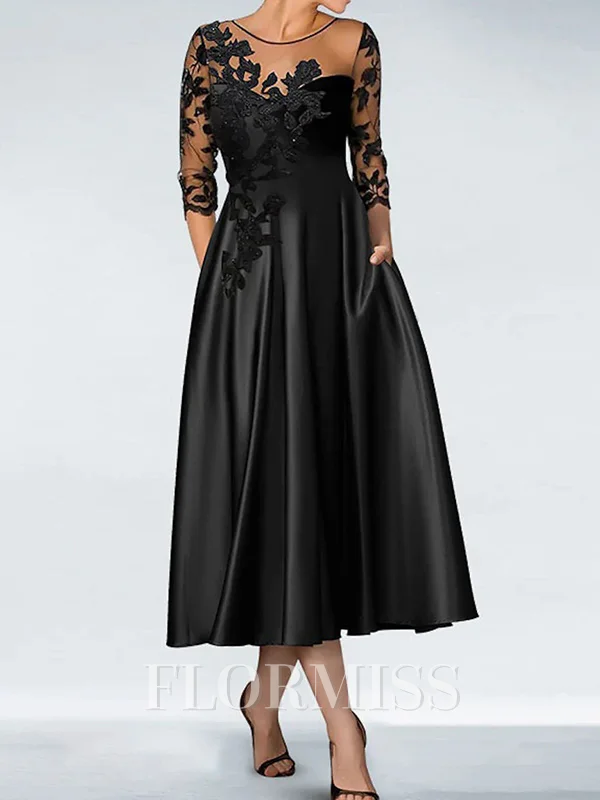 A-line Scoop 3/4 Sleeves Appliques Lace Tea-Length Silk Like Satin Mother of the Bride Dress