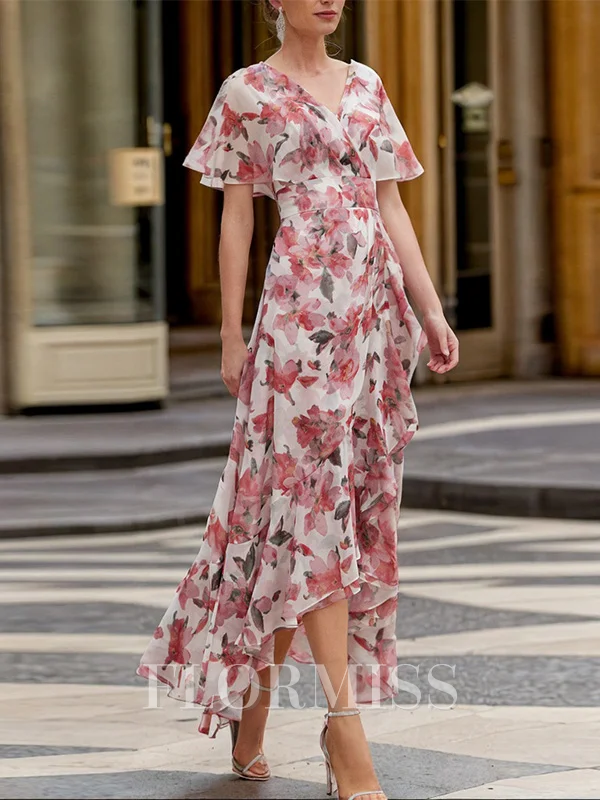 A-line V-neck Short Sleeves Ruffles Asymmetrical Mother of the Bride Dress