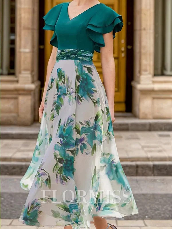 A-line V-neck Short Sleeves Ruffles Tea-Length Mother of the Bride Dress