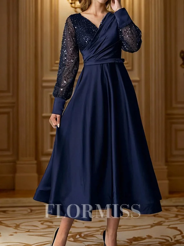 A-line V-neck Long Sleeves Pleated Tea-Length Silk Like Satin Corset Mother of the Bride Dress