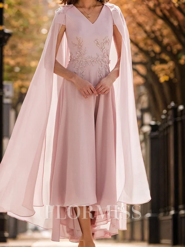 A-line V-neck Short Sleeves Appliques Lace Ankle-Length Chiffon Corset Mother of the Bride Dress