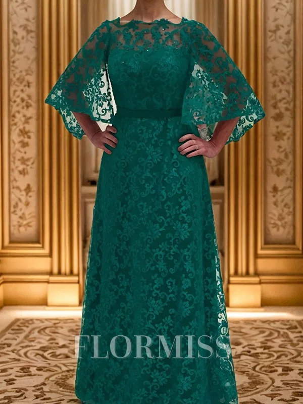 A-line Scoop 3/4 Sleeves Floor-Length Lace Mother of the Bride Dress