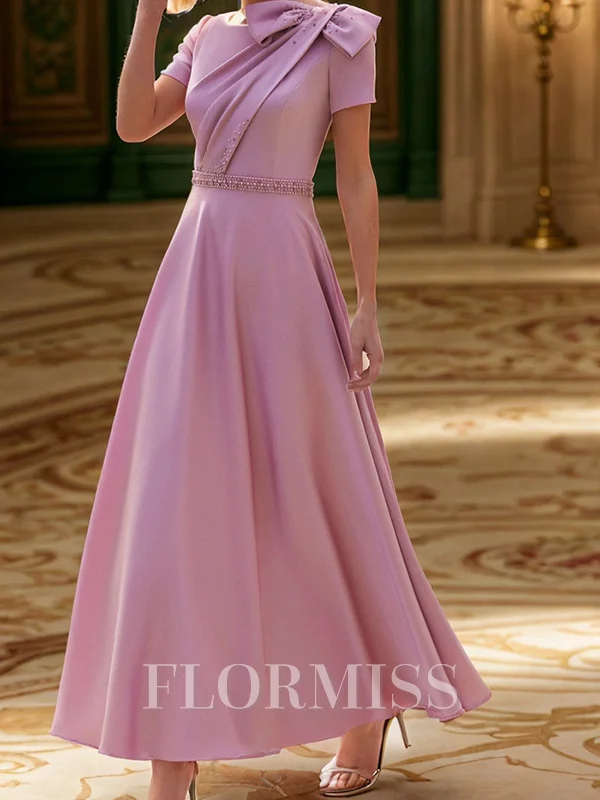 A-line Scoop Short Sleeves Bow Ankle-Length Corset Mother of the Bride Dress