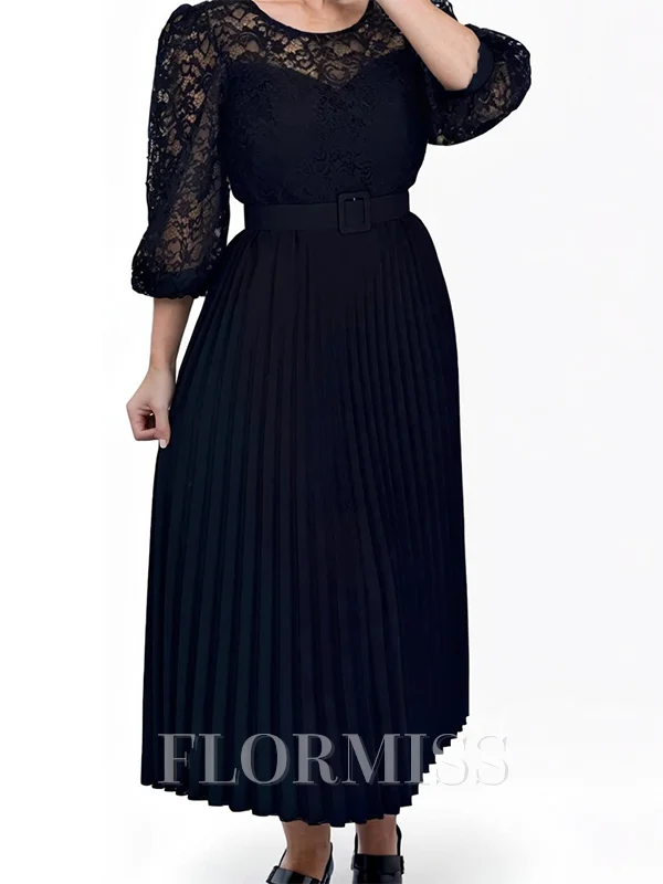 A-line Scoop 3/4 Sleeves Appliques Lace Ankle-Length Chiffon Mother of the Bride Dress