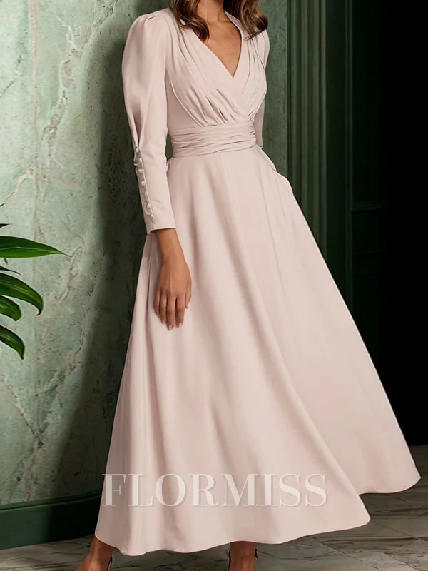 A-line V-neck Long Sleeves Pleated Ankle-Length Stretch Crepe Mother of the Bride Dress