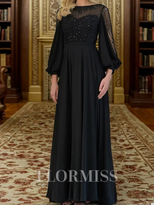 A-line Scoop Long Sleeves Beading Floor-Length Chiffon Corset Mother of the Bride Dress
