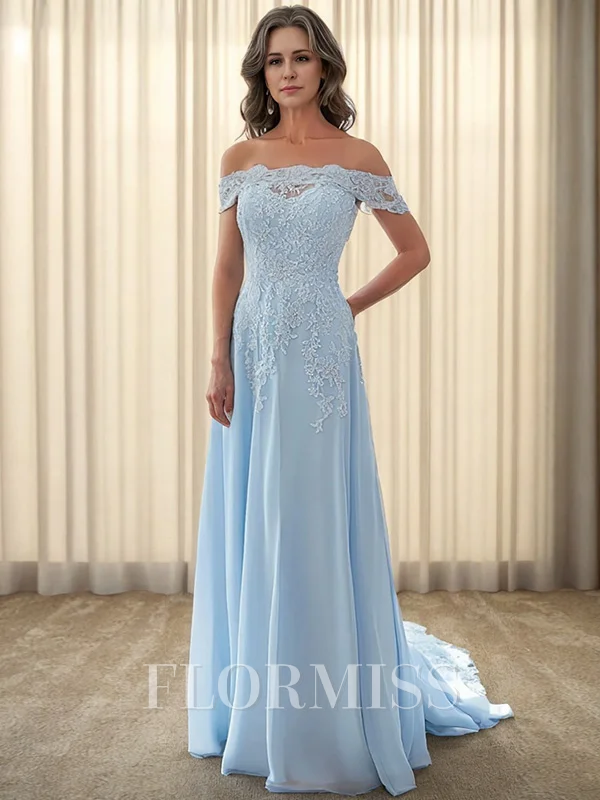 A-line/Princess Chiffon Off the Shoulder Sleeveless Sweep Train Mother of the Bride Dress