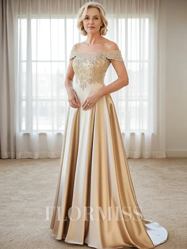 A-line/Princess Satin Off the Shoulder Sleeveless Sweep Train Mother of the Bride Dress