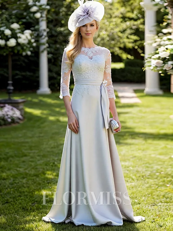 A-line/Princess Satin Scoop 3/4 Sleeves Floor-Length Mother of the Bride Dress
