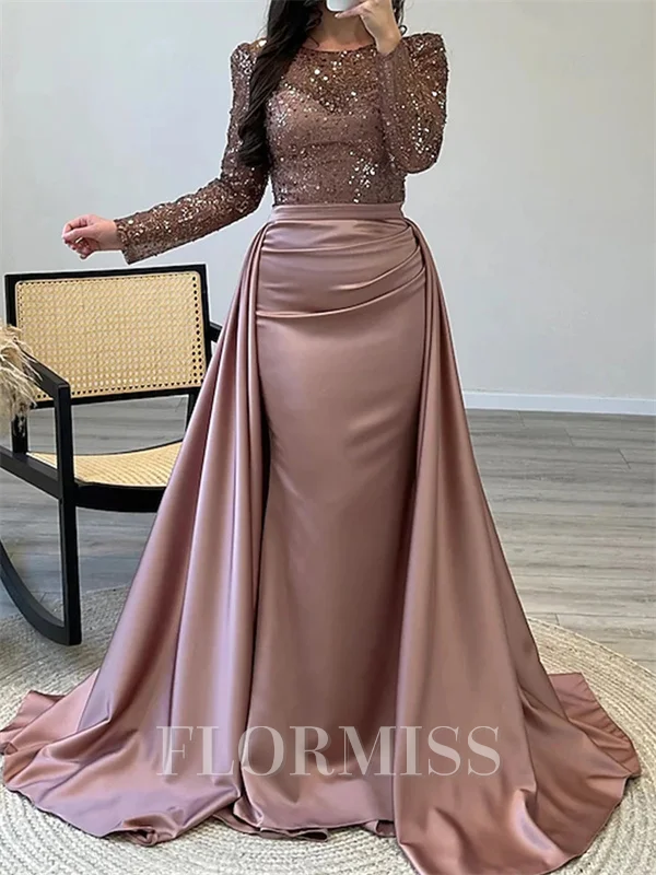 Sheath Scoop Long Sleeves Pleated Sweep Train Charmeuse Corset Mother of the Bride Dress