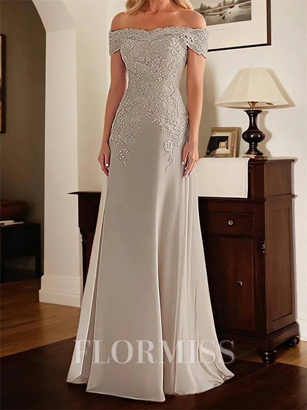 Sheath Off-the-Shoulder Appliques Lace Floor-Length Chiffon Corset Mother of the Bride Dress