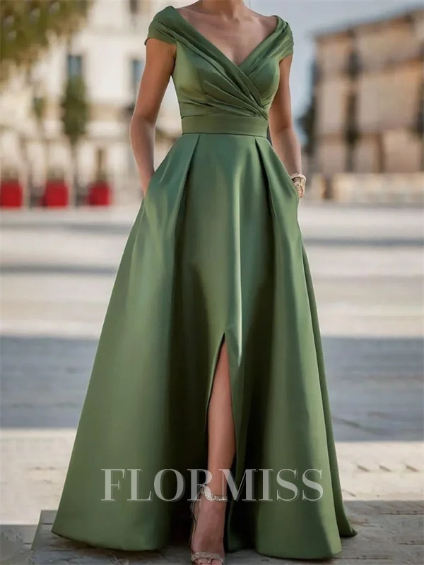 A-line V-neck Pleated Floor-Length Satin Corset Mother of the Bride Dress