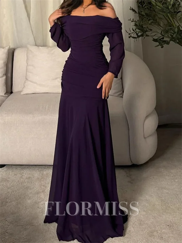 Sheath Off-the-Shoulder Long Sleeves Pleated Floor-Length Chiffon Corset Mother of the Bride Dress