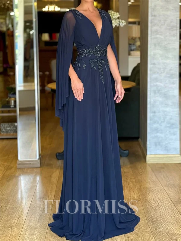 A-line V-neck Long Sleeves Beading Floor-Length Chiffon Corset Mother of the Bride Dress