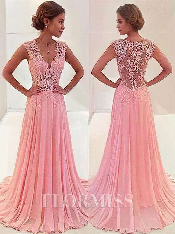 A-Line/Princess V-neck Sweep Train Chiffon Prom Dresses With Appliques Lace