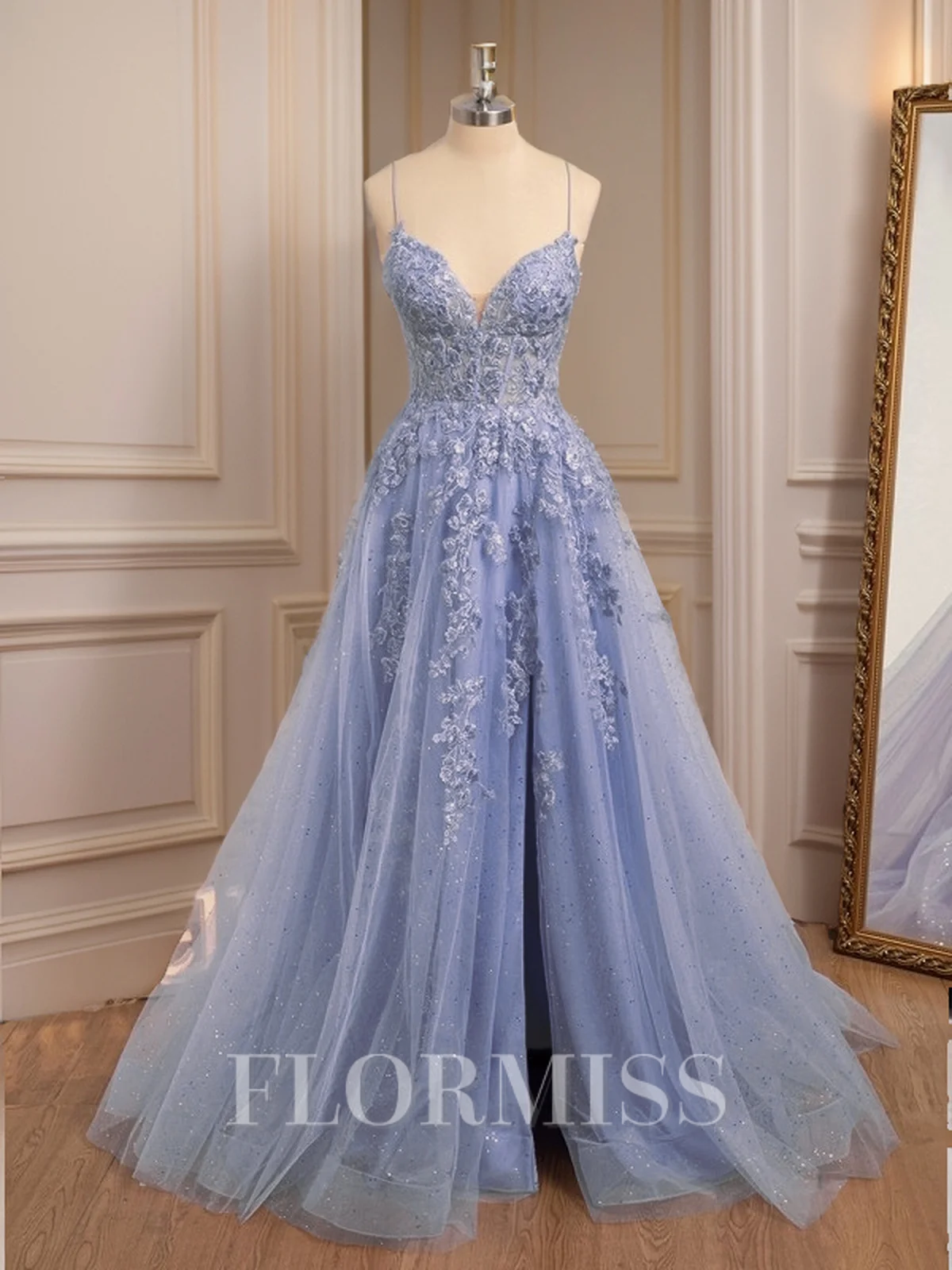 A-line V-neck Appliques Lace Sweep Train Corset Dress