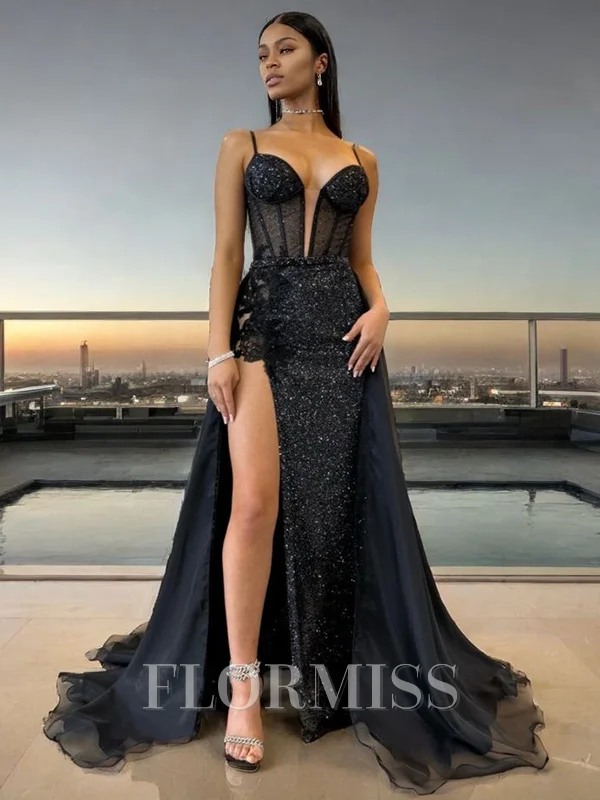 Sheath Spaghetti Straps Appliques Lace Sweep Train Dress