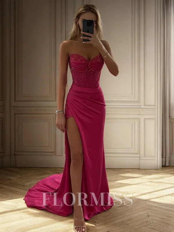 Sheath Sweetheart Pleated Sweep Train Silk Like Satin Corset Dress