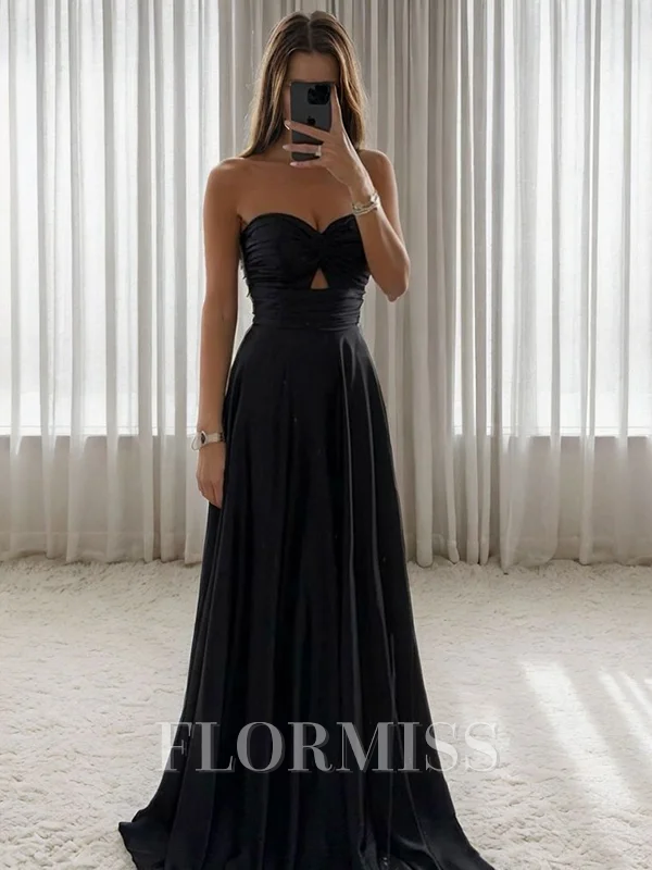 A-line Sweetheart Pleated Floor-Length Silk Like Satin Dress