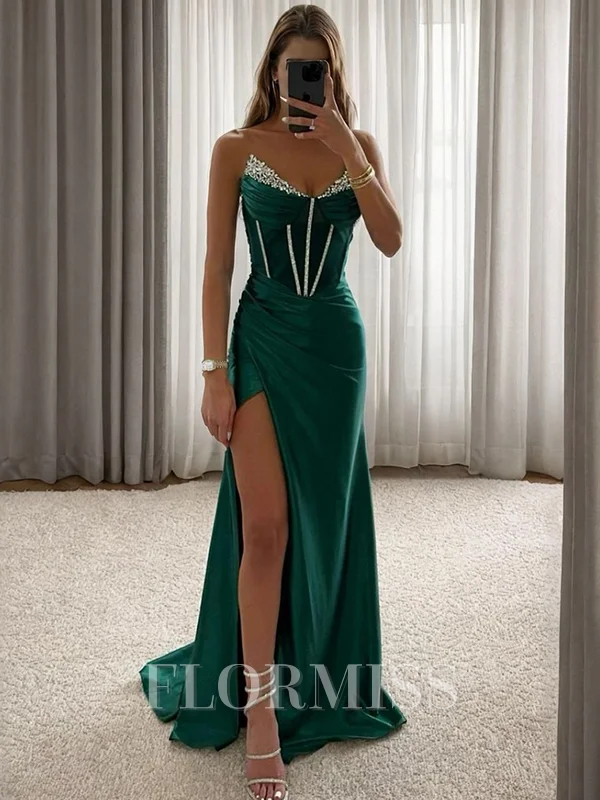 Sheath Sweetheart Rhinestone Sweep Train Silk Like Satin Corset Dress