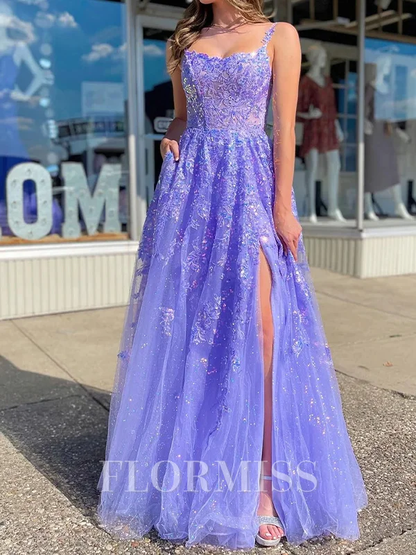 A-line Spaghetti Straps Appliques Lace Floor-Length Tulle Corset Dress