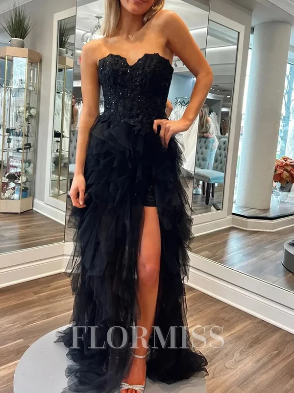 A-line Sweetheart Appliques Lace Floor-Length Tulle Dress