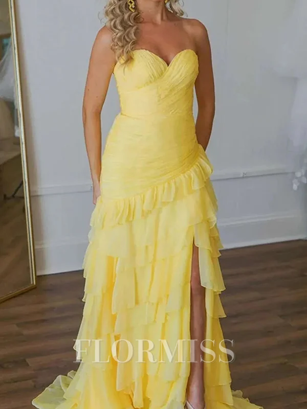 A-line Sweetheart Cascading Ruffles Sweep Train 30D Chiffon Dress