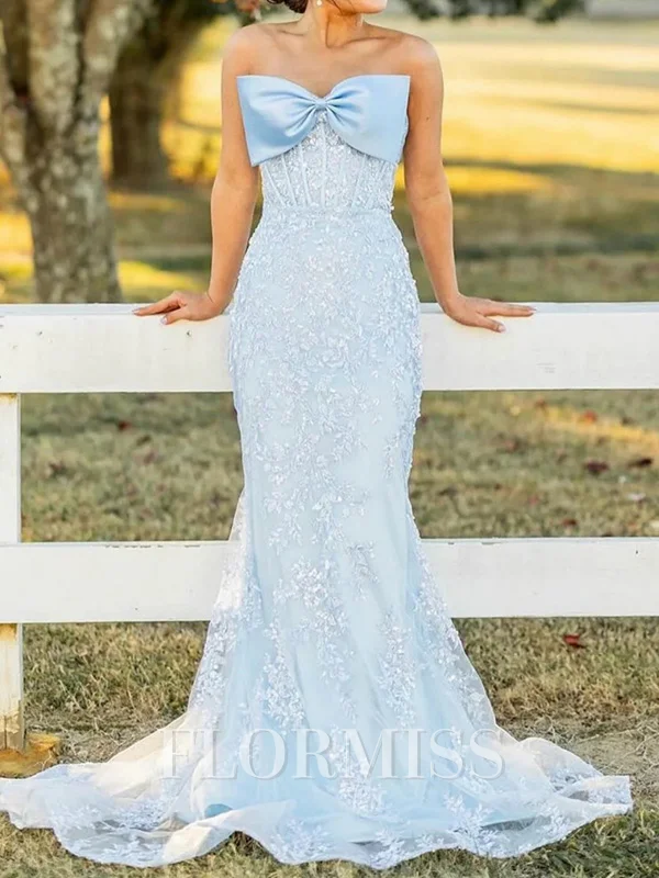 Sheath Straight Appliques Lace Sweep Train Tulle Corset Dress