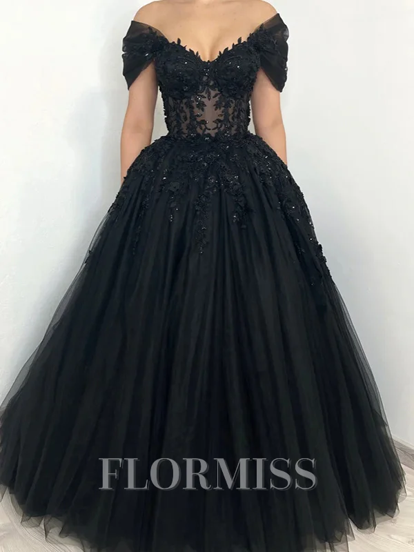 A-line Off-the-Shoulder Appliques Lace Floor-Length Tulle Corset Dress