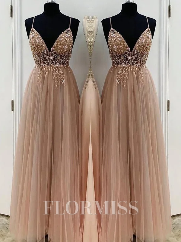 A-Line/Princess V-neck Floor-Length Tulle Prom Dresses With Beading